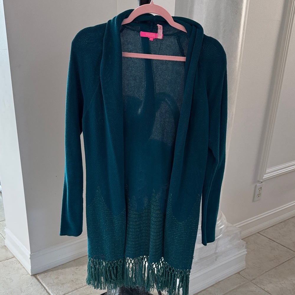 Lilly Pulitzer Teal Open-Front Cardigan with Fringe - Picture 1 of 2
